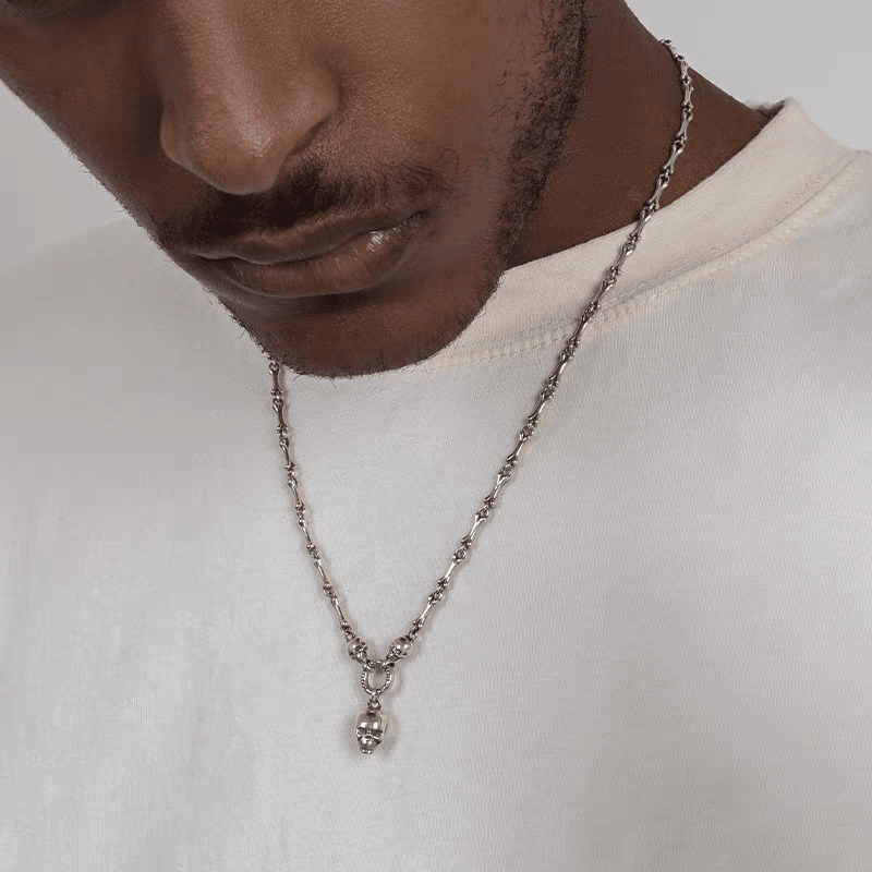 S925Skull chain made of pure silver antique skull bone necklace hip-hop men's and women's ins fashion sweater chain - MOWTE