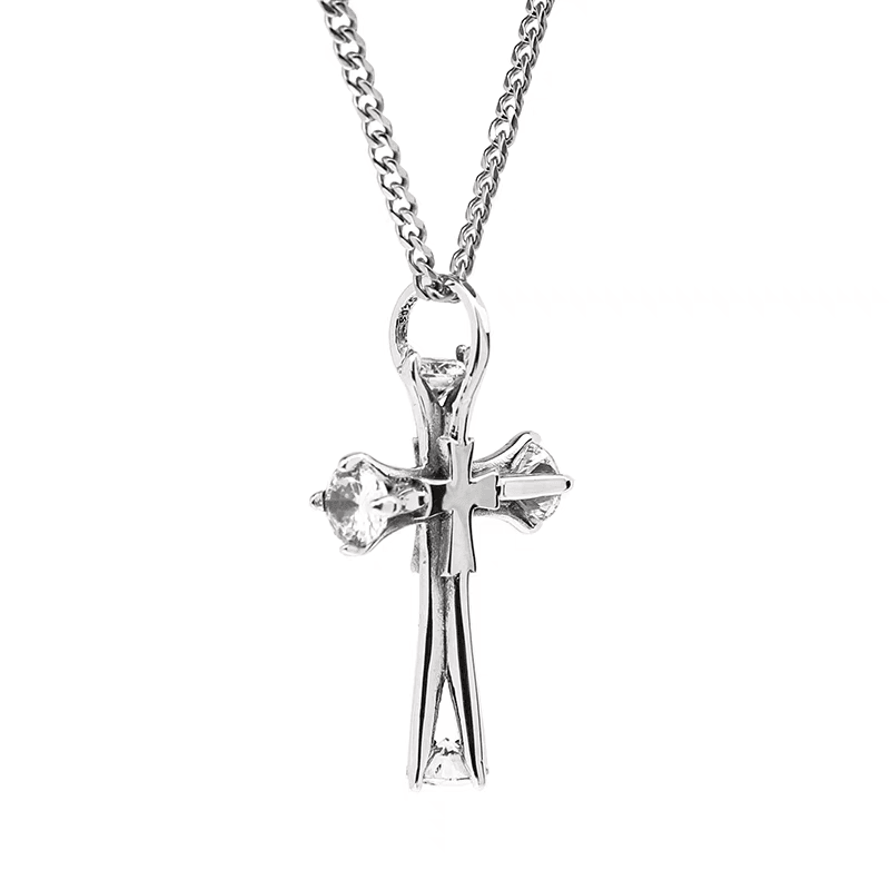 S925 sterling silver cross necklace men's hip-hop trend inlaid zircon pendant women's INS - MOWTE
