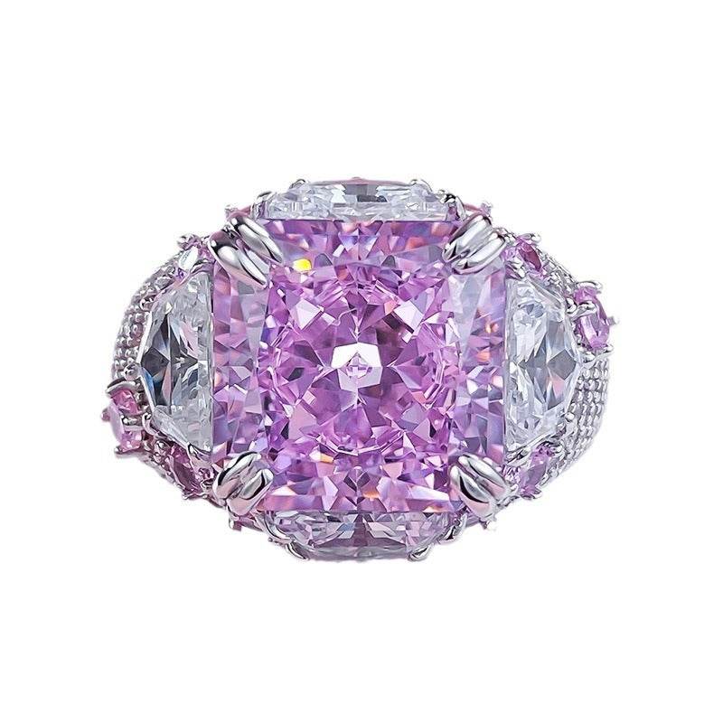 New Style S925 Sterling Silver 12x12mm High Carbon Diamond & Pink Diamond Fashion Halo Women's Ring - MOWTE