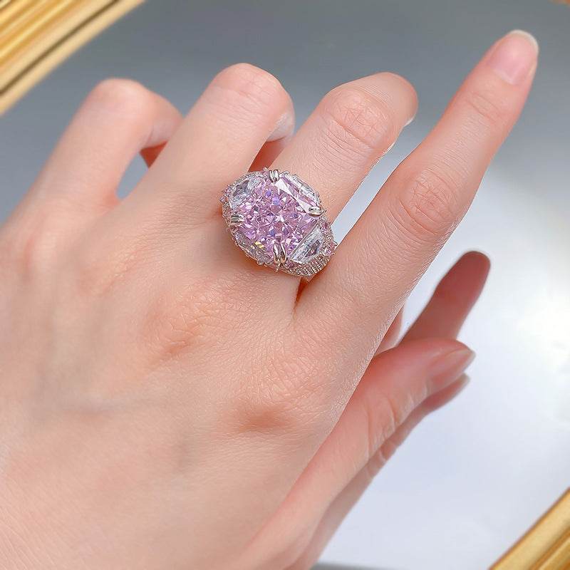 New Style S925 Sterling Silver 12x12mm High Carbon Diamond & Pink Diamond Fashion Halo Women's Ring - MOWTE