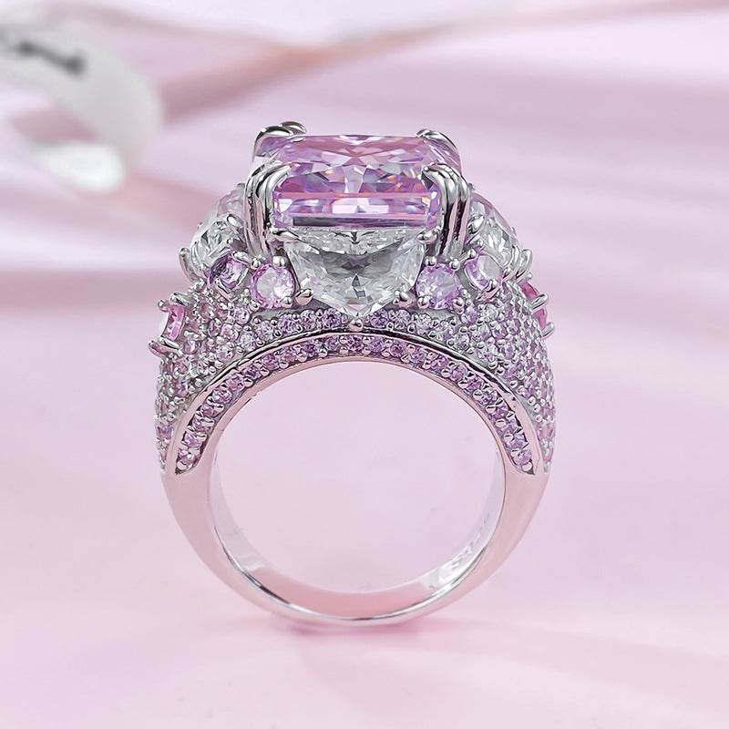 New Style S925 Sterling Silver 12x12mm High Carbon Diamond & Pink Diamond Fashion Halo Women's Ring - MOWTE