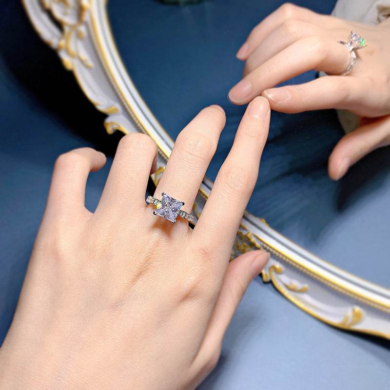 New 925 Silver 2carat High Carbon Diamond 8 * 8 Princess Square Ring Women's Fashion Large Style - MOWTE