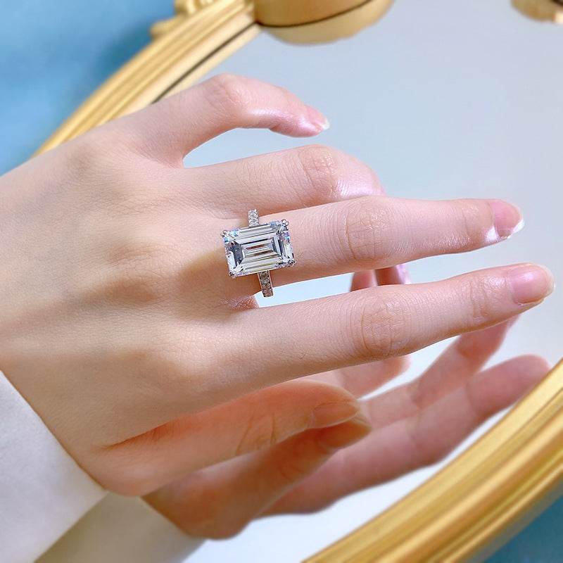 New 925 silver high carbon diamond emerald cut rectangular 10*14mm explosive ring - MOWTE