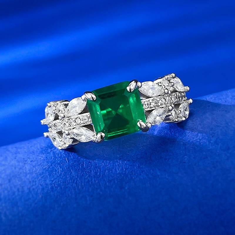 S925 Sterling Silver 7x7mm Simulated Emerald & High Carbon Diamond Ring-Minimalist Design - MOWTE