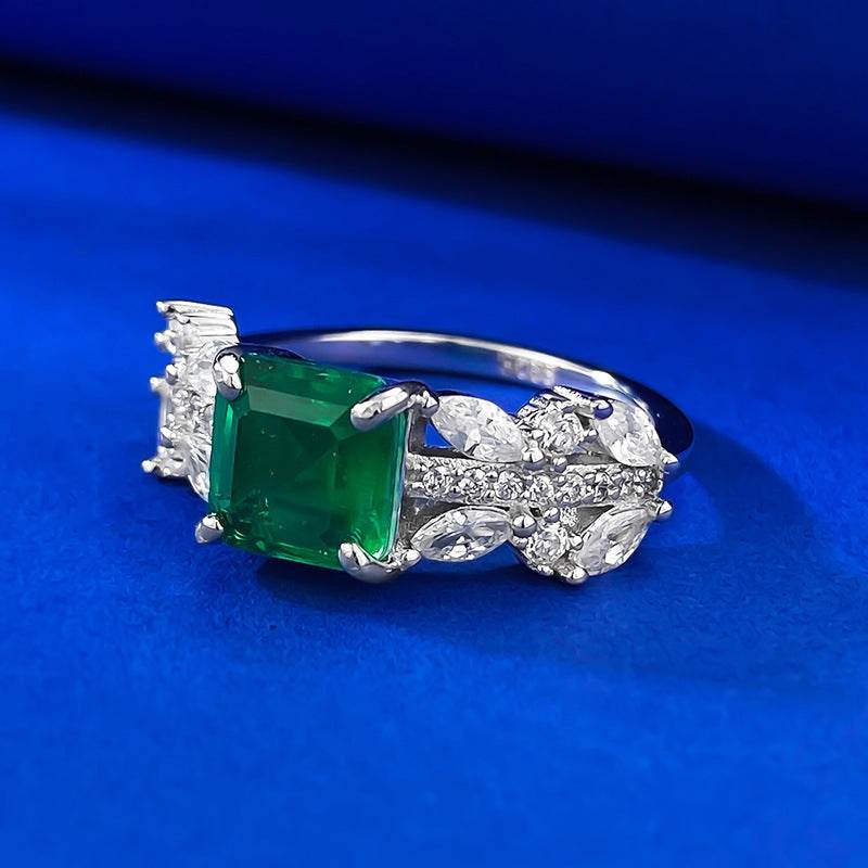 S925 Sterling Silver 7x7mm Simulated Emerald & High Carbon Diamond Ring-Minimalist Design - MOWTE