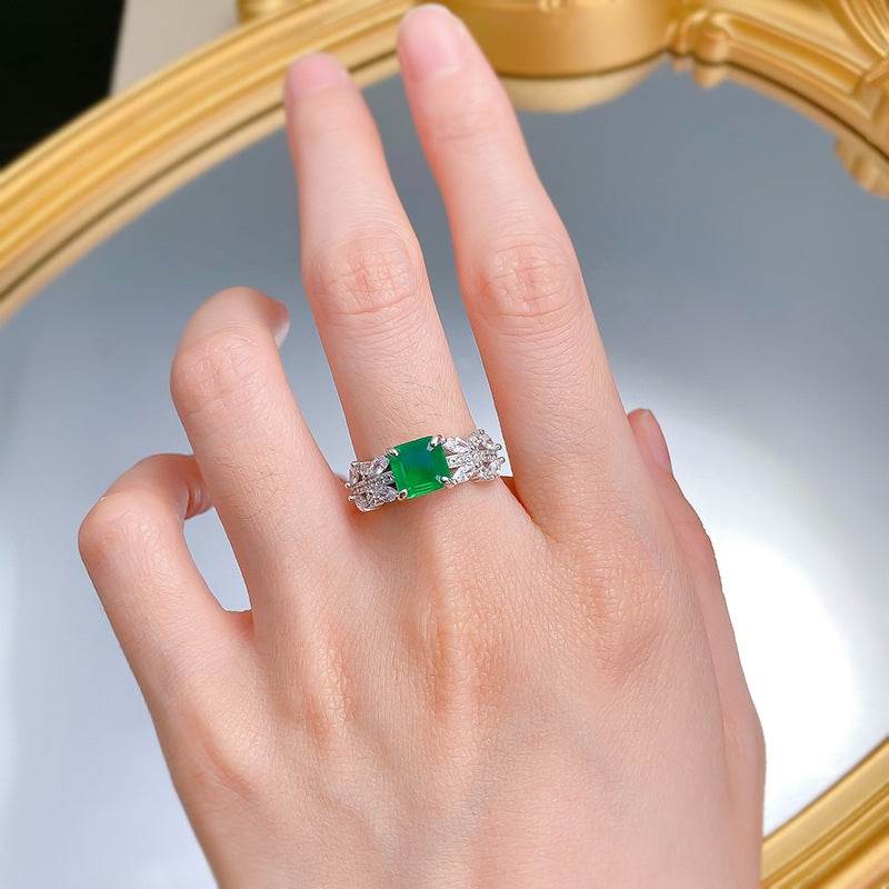 S925 Sterling Silver 7x7mm Simulated Emerald & High Carbon Diamond Ring-Minimalist Design - MOWTE
