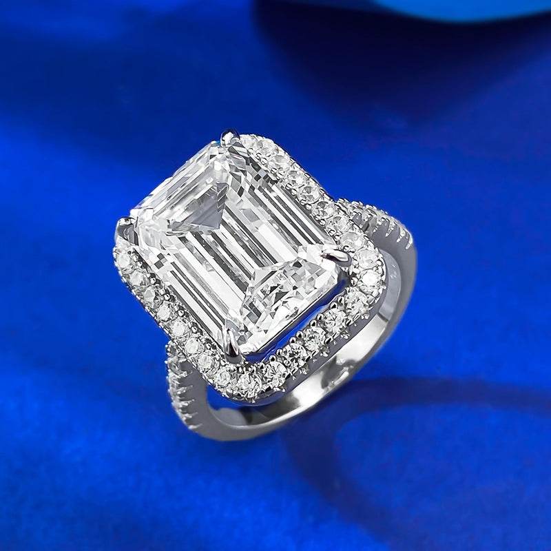 2025 New S925 Sterling Silver High-Carbon Diamond Elongated Step-Cut 10x14mm Asscher White Ring - MOWTE