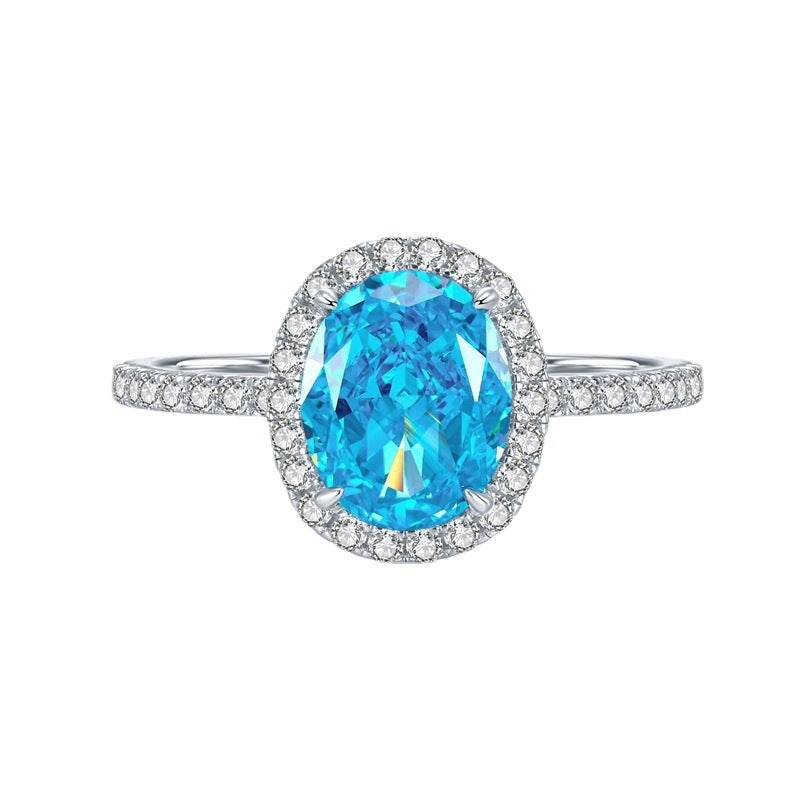 S925 Sterling Silver 1 Carat High-Carbon Diamond & 6x8mm Radiant-Cut Aqua Blue Women's Ring - MOWTE