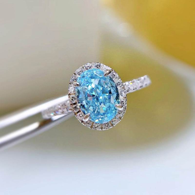 S925 Sterling Silver 1 Carat High-Carbon Diamond & 6x8mm Radiant-Cut Aqua Blue Women's Ring - MOWTE