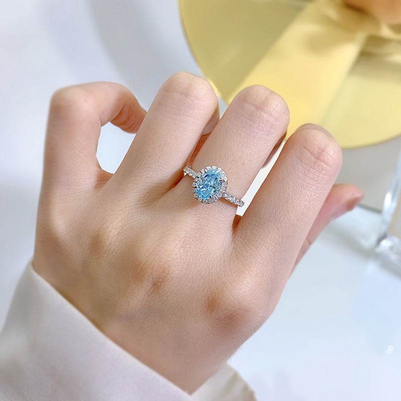 S925 Sterling Silver 1 Carat High-Carbon Diamond & 6x8mm Radiant-Cut Aqua Blue Women's Ring - MOWTE
