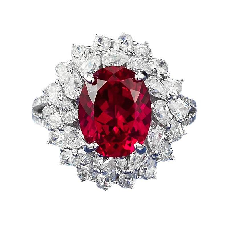 S925 Sterling Silver Pigeon Blood Red Simulated Diamond 8x10mm Oval-Cut Floral Cluster Wedding Ring - MOWTE