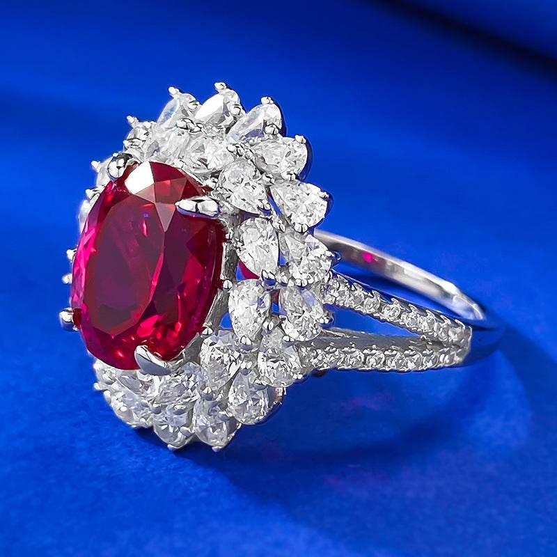 S925 Sterling Silver Pigeon Blood Red Simulated Diamond 8x10mm Oval-Cut Floral Cluster Wedding Ring - MOWTE