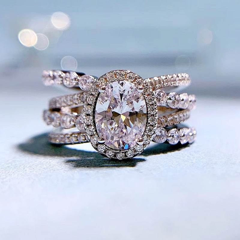 925 Sterling Silver 6x8mm Oval-Cut High-Carbon Diamond Women's Luxury Micro-Setting Ring - MOWTE