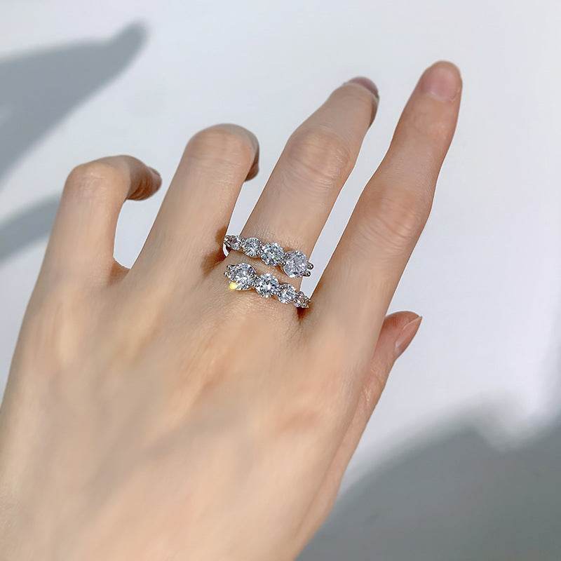 New 925 Sterling Silver Adjustable 6.5mm Round-Cut High-Carbon Diamond Stackable Ring - MOWTE
