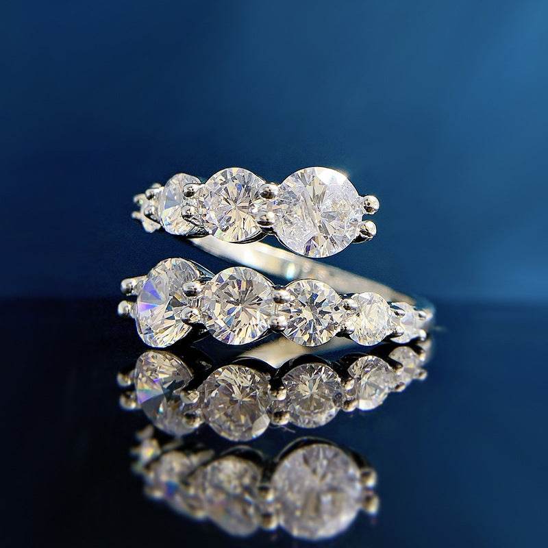 New 925 Sterling Silver Adjustable 6.5mm Round-Cut High-Carbon Diamond Stackable Ring - MOWTE