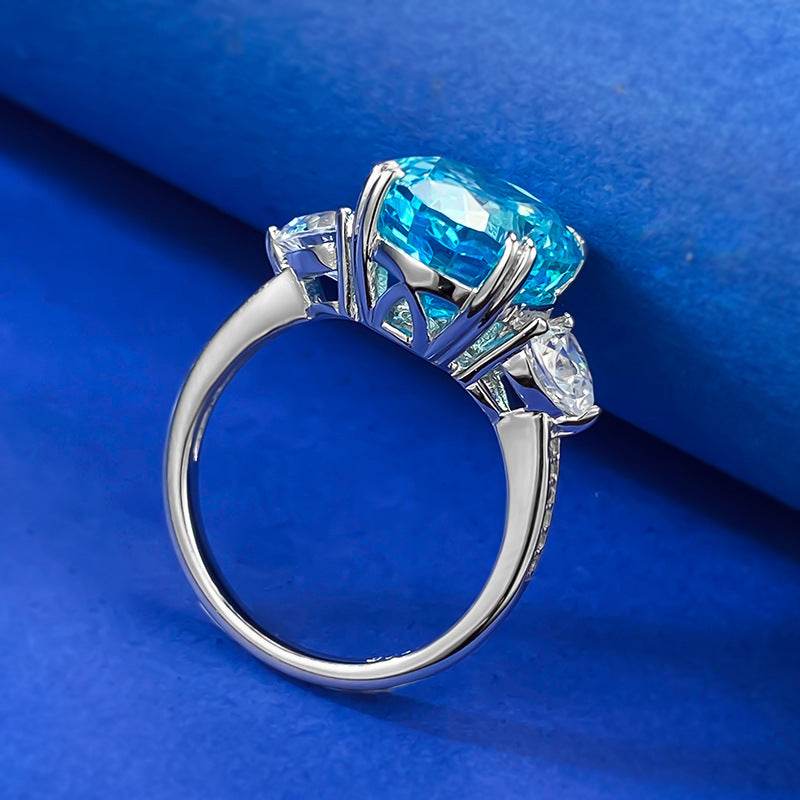 S925 Sterling Silver Aqua Blue Ice Flower-Cut 10x12mm Oval Women's Ring - MOWTE