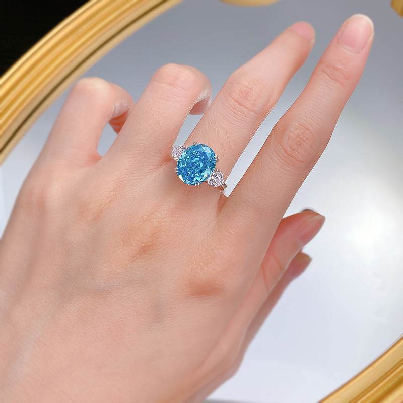 S925 Sterling Silver Aqua Blue Ice Flower-Cut 10x12mm Oval Women's Ring - MOWTE