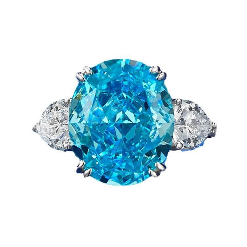 S925 Sterling Silver Aqua Blue Ice Flower-Cut 10x12mm Oval Women's Ring - MOWTE