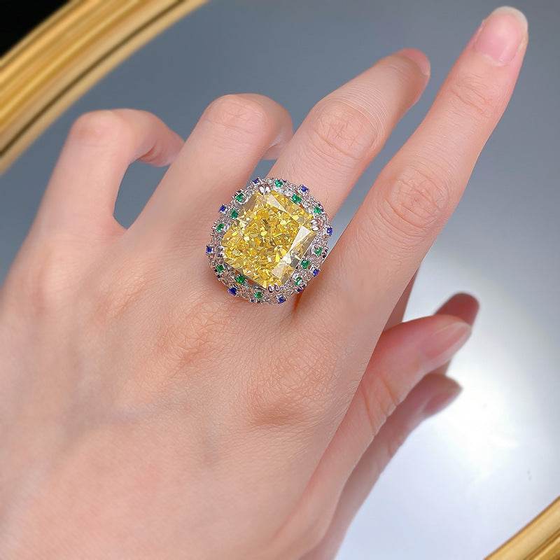 15 Carat High-Carbon Diamond Radiant Ice Flower-Cut 14x16mm Yellow Diamond Luxury Micro-Setting Ring - MOWTE
