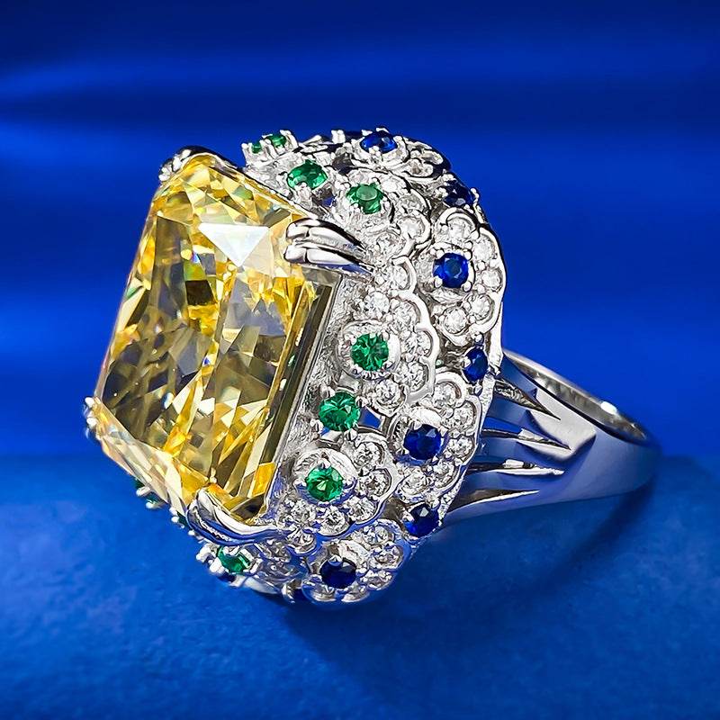 15 Carat High-Carbon Diamond Radiant Ice Flower-Cut 14x16mm Yellow Diamond Luxury Micro-Setting Ring - MOWTE