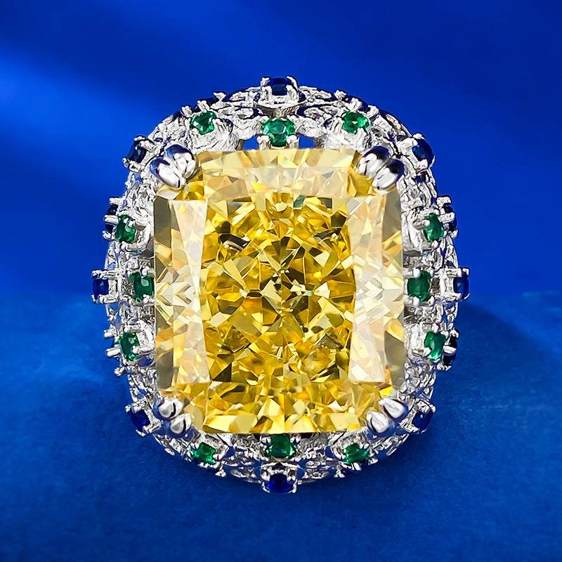 15 Carat High-Carbon Diamond Radiant Ice Flower-Cut 14x16mm Yellow Diamond Luxury Micro-Setting Ring - MOWTE