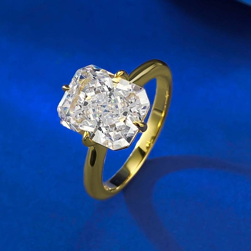 S925 Sterling Silver Gold-Plated High-Carbon Simulated Diamond 8x10mm White Ice-Cut Ring - MOWTE