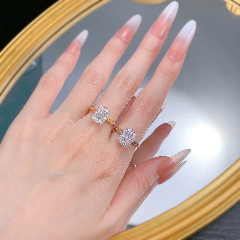 S925 Sterling Silver Gold-Plated High-Carbon Simulated Diamond 8x10mm White Ice-Cut Ring - MOWTE