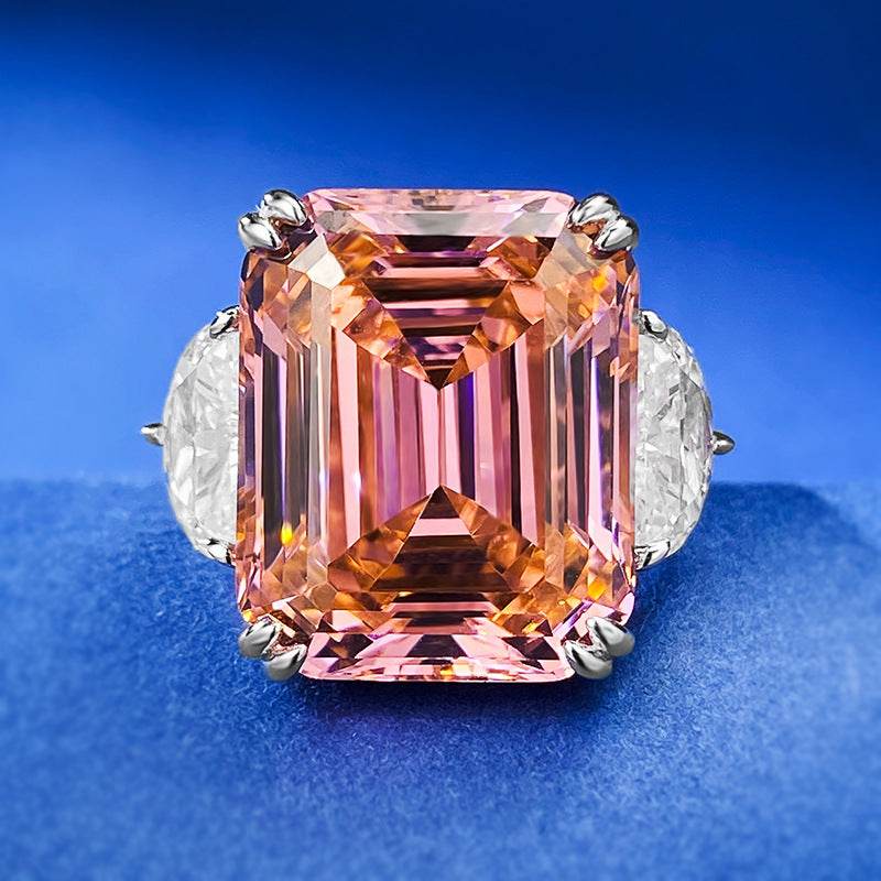S925 Sterling Silver Women's 15ct Rectangular Asscher-Cut Sunset Orange-Pink Ring - MOWTE