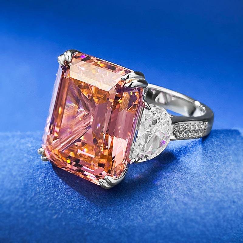 S925 Sterling Silver Women's 15ct Rectangular Asscher-Cut Sunset Orange-Pink Ring - MOWTE
