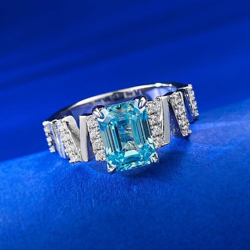 S925 Sterling Silver 6x8mm Rectangular Flat-Top Light Sea Blue Cubic Zirconia Women's Minimalist & Elegant Ring - MOWTE