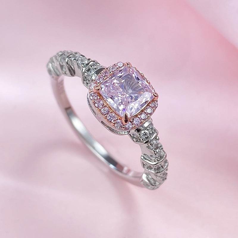 S925 Silver 5 * 5mm Cushion Cut Sugar Pink Diamond High Carbon Diamond Ring - MOWTE