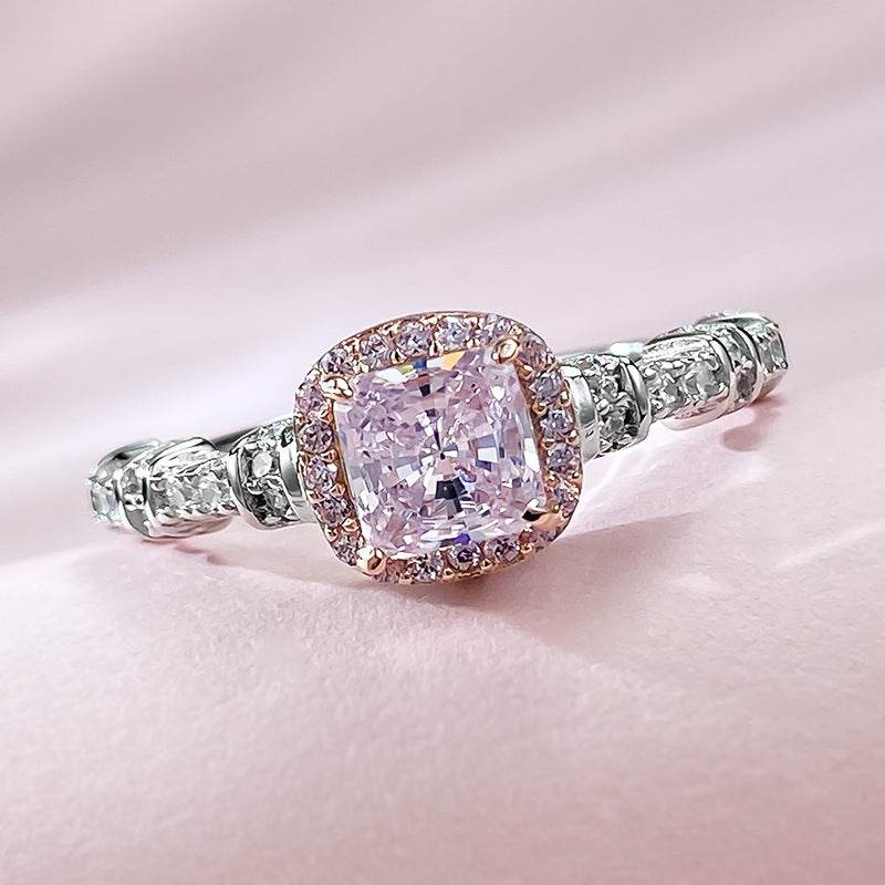 S925 Silver 5 * 5mm Cushion Cut Sugar Pink Diamond High Carbon Diamond Ring - MOWTE