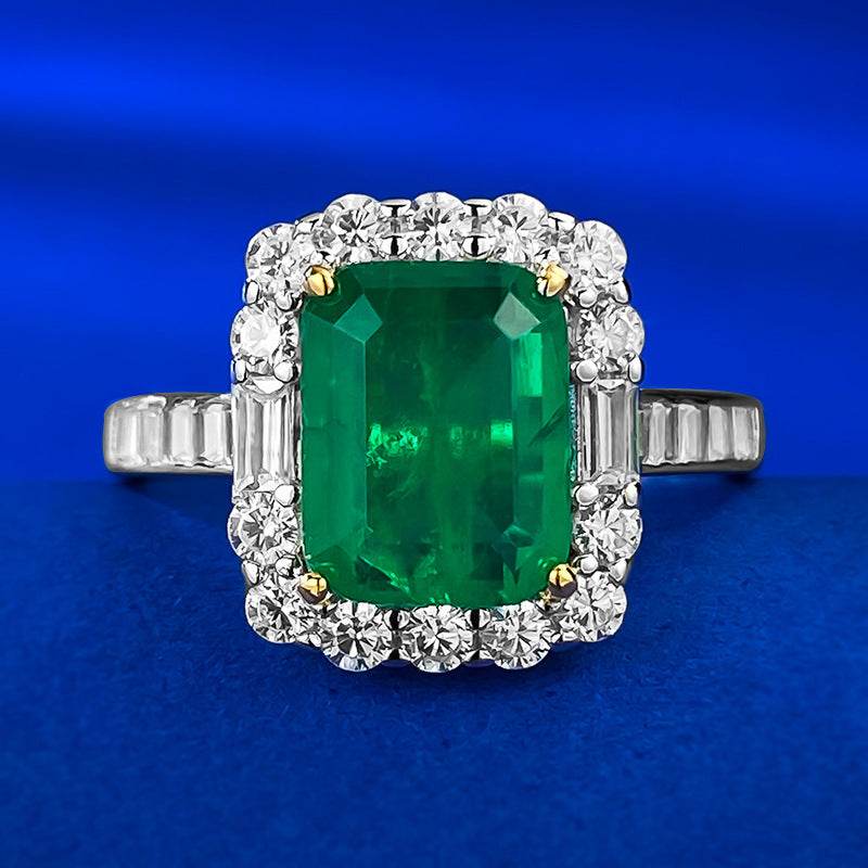 S925 Sterling Silver Imitation Emerald Ring for Women with a 2-carat Cluster Setting and Full Diamond Inlay 7*9mm - MOWTE