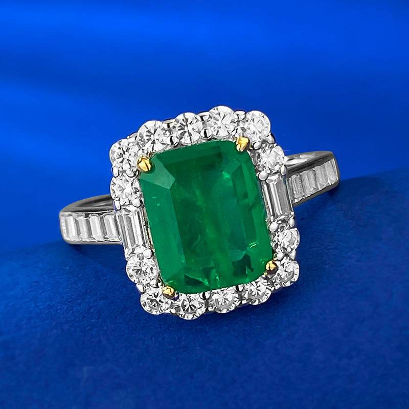 S925 Sterling Silver Imitation Emerald Ring for Women with a 2-carat Cluster Setting and Full Diamond Inlay 7*9mm - MOWTE