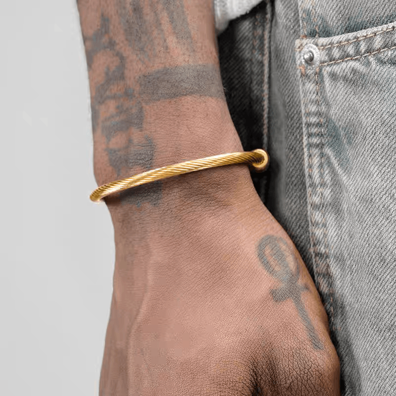 18K gold bracelet men and women hip-hop trend titanium Fried Dough Twists bangle adjustable opening - MOWTE
