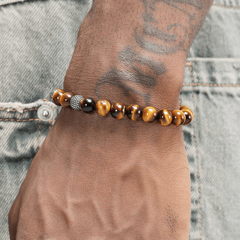 Natural tiger eye stone bracelet for men and women trendy niche steel ball tiger eye stone bracelet versatile boyfriend gift - MOWTE