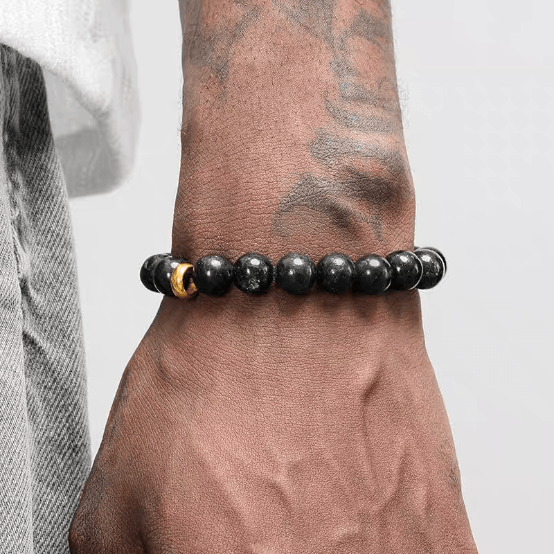 Golden Circle Black Stone Bracelet Men's Retro Trendy Versatile Handmade Round Bead Bead Bracelet Women's Handpiece Simple - MOWTE