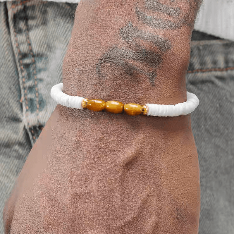 Round white shell bracelet for men and women simple and fashionable tiger eye stone handmade bead bracelet - MOWTE