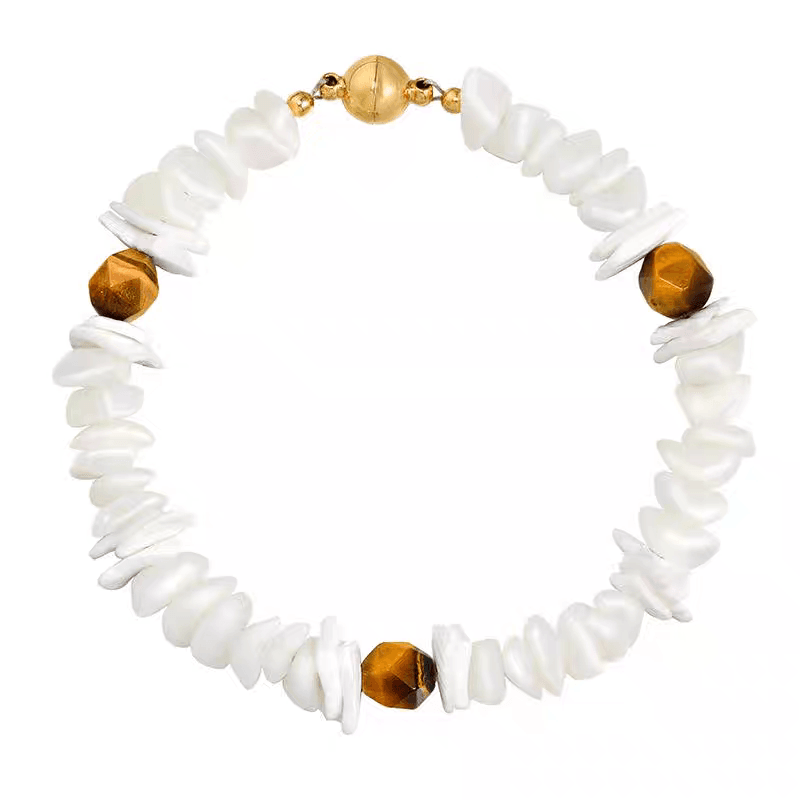 Round white shell bracelet for men and women simple and fashionable tiger eye stone handmade bead bracelet - MOWTE