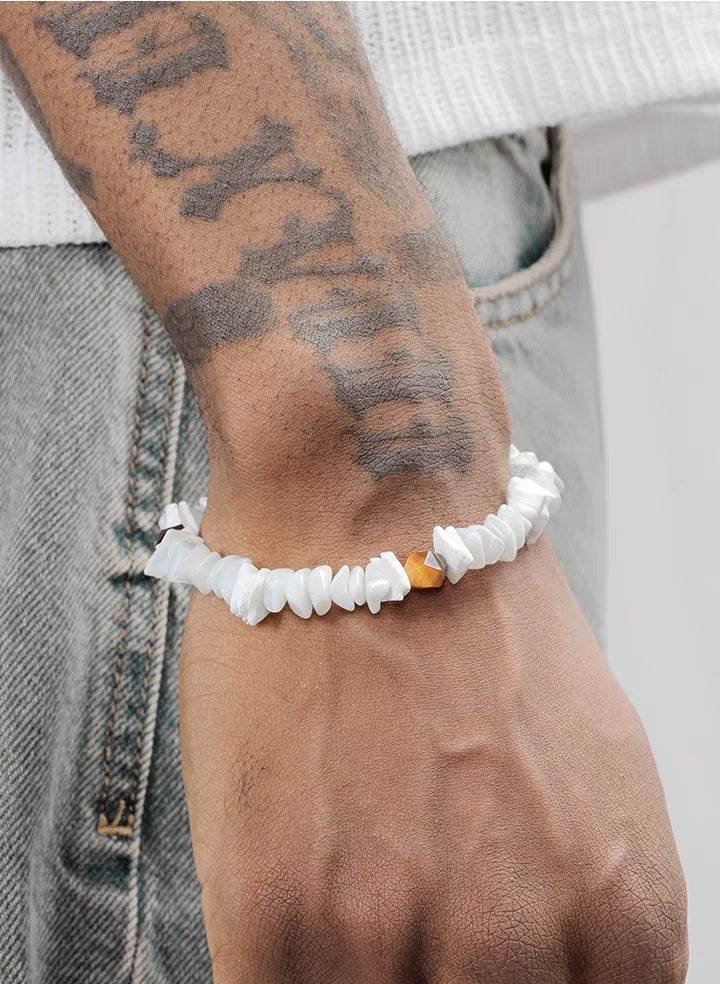 Round white shell bracelet for men and women simple and fashionable tiger eye stone handmade bead bracelet - MOWTE