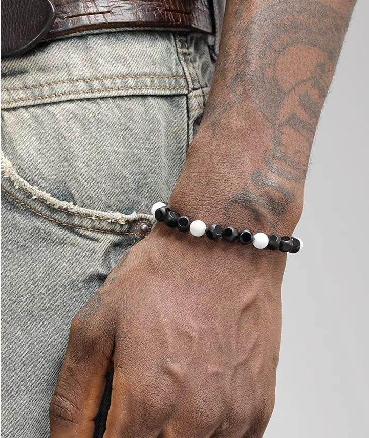 Cut black agate bracelet men trendy versatile white turquoise handmade bead bracelet for women minimalist ins - MOWTE
