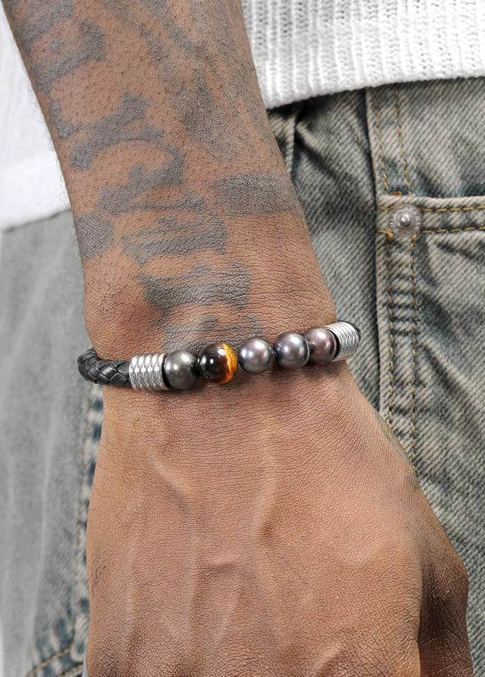 Purple Pearl Bracelet for Men Trendy Retro Versatile Weaving Rope Tiger Eye Stone Bracelet Women's High End Bracelet - MOWTE