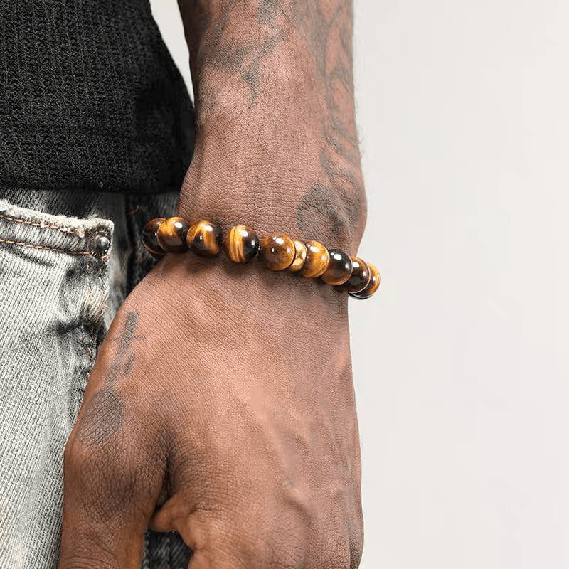 Natural Tiger Eye Stone Bracelet for Men Trendy Versatile Round Bead Cross Gold Circle Round Bead Bracelet for Women - MOWTE