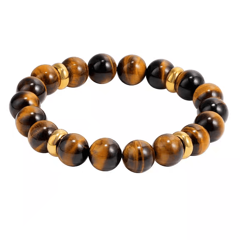 Natural Tiger Eye Stone Bracelet for Men Trendy Versatile Round Bead Cross Gold Circle Round Bead Bracelet for Women - MOWTE