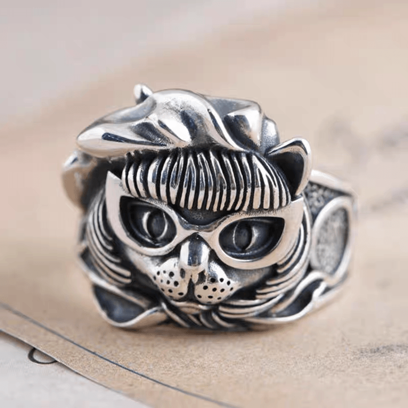 S925 pure silver precision kitten pirate Zoro eyes cat mouth for wealth cat men and women ring - MOWTE