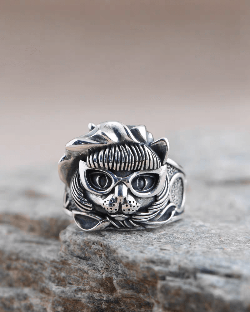 S925 pure silver precision kitten pirate Zoro eyes cat mouth for wealth cat men and women ring - MOWTE