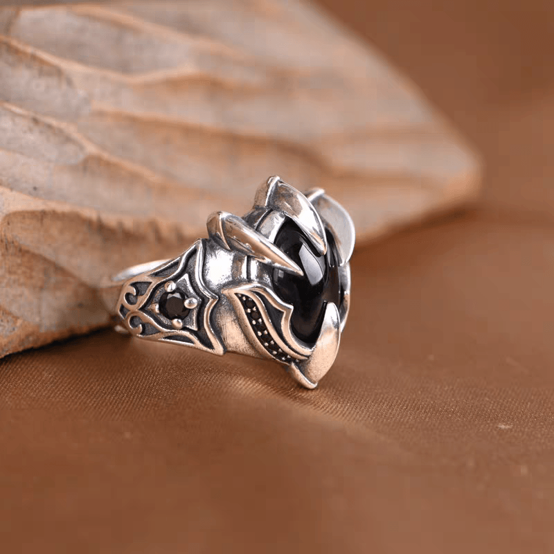 S925 pure silver precision black agate men's ring dragon claw domineering retro eagle claw style index finger men's ring - MOWTE