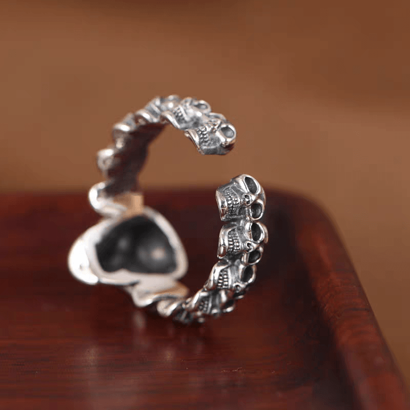 S925 pure silver precision trendy skull domineering punk style hip-hop rock skull open ring silver men's and women's rings - MOWTE