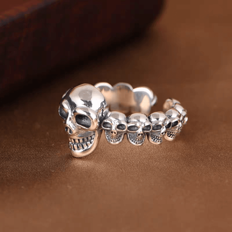 S925 pure silver precision trendy skull domineering punk style hip-hop rock skull open ring silver men's and women's rings - MOWTE