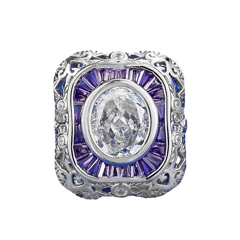 S925 Silver High Carbon Diamond White G Color Ring 9 * 11mm Elliptical Ice Flower Cut - MOWTE